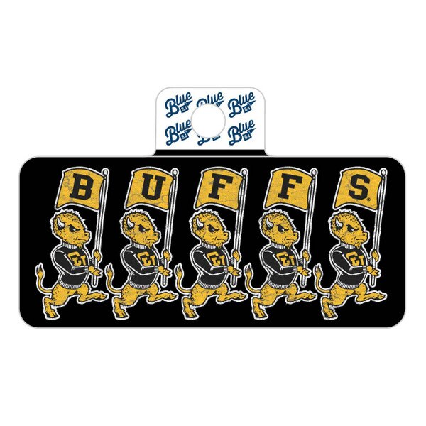 Sticker design featuring five vintage-style buffalo mascots holding gold flags that spell out "BUFFS" on a black background.